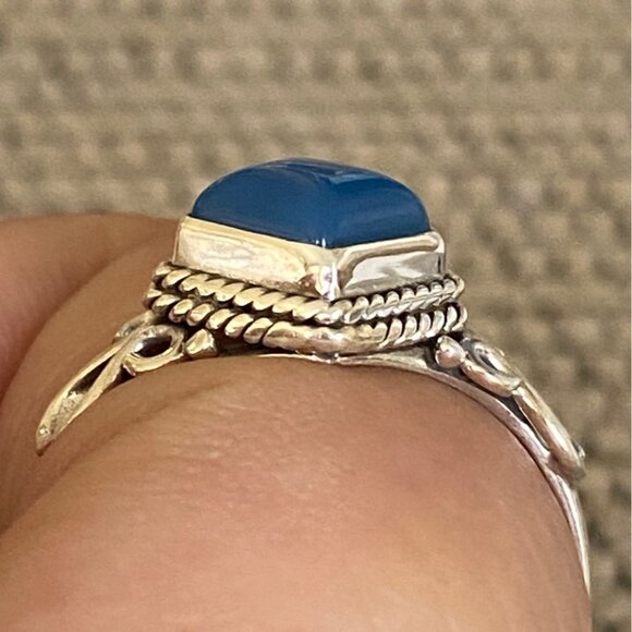 Ring Size 8 Blue Chalcedony Diamond Cabochon Smooth Sterling Silver 925 Women Se - Picture 5 of 8